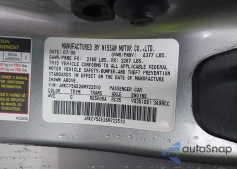 2006 Infiniti G35 z USA, uszkodzony, nr VIN JNKCV54E26M722510